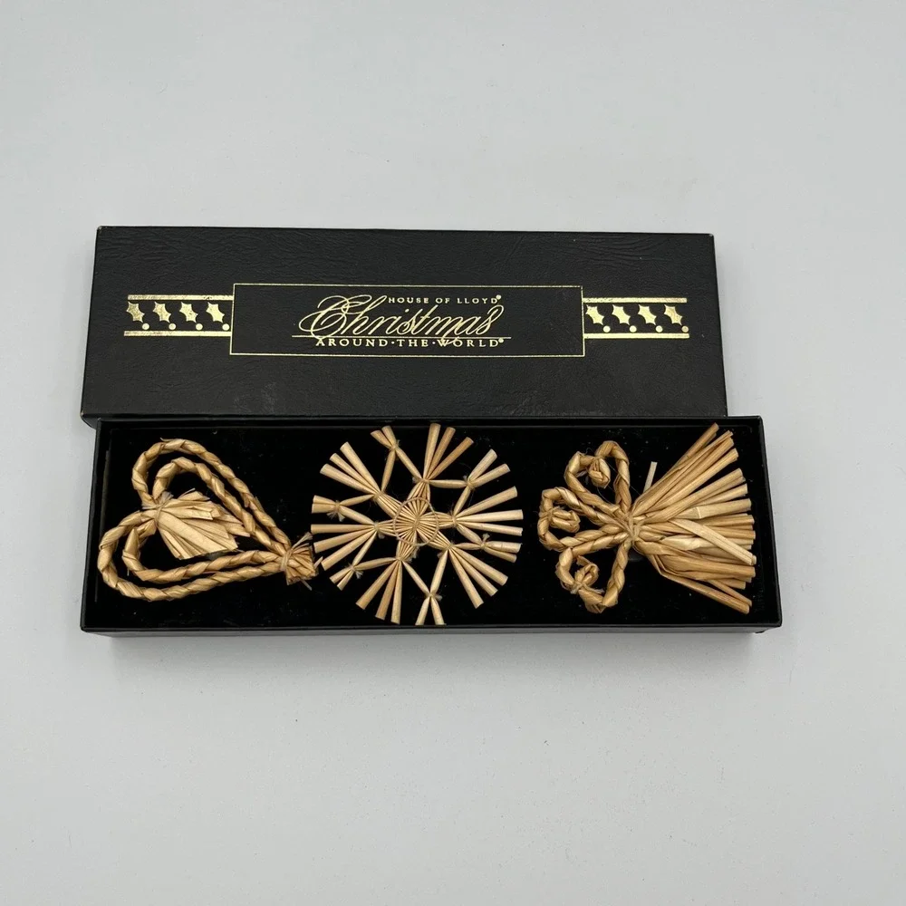 House of Lloyd Christmas Around‎ the World Straw Ornaments Set 3 Bow Star Heart